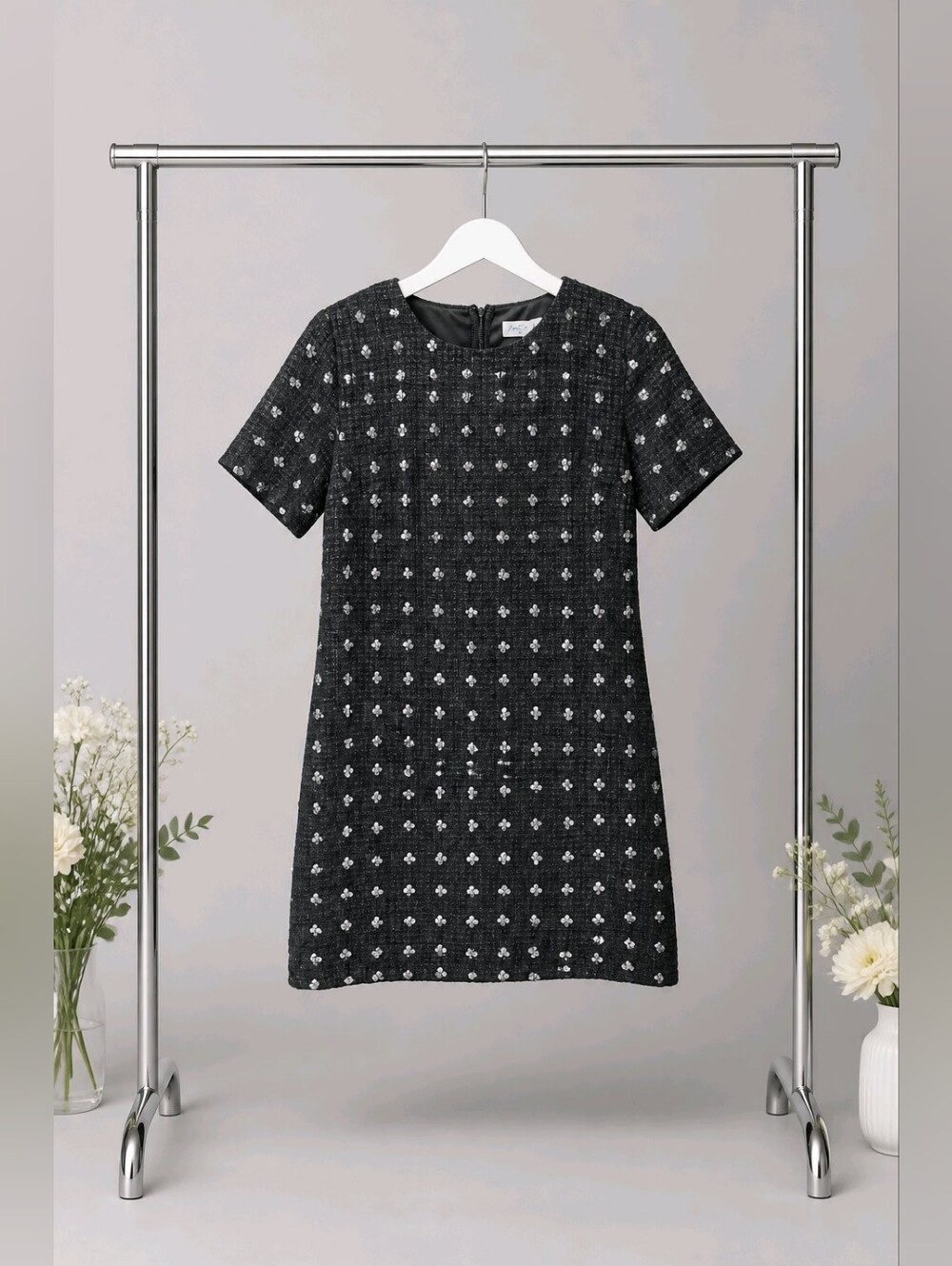 She & Sky Black Tweed Sequins Short-Sleeve Shift Dress Sz Small